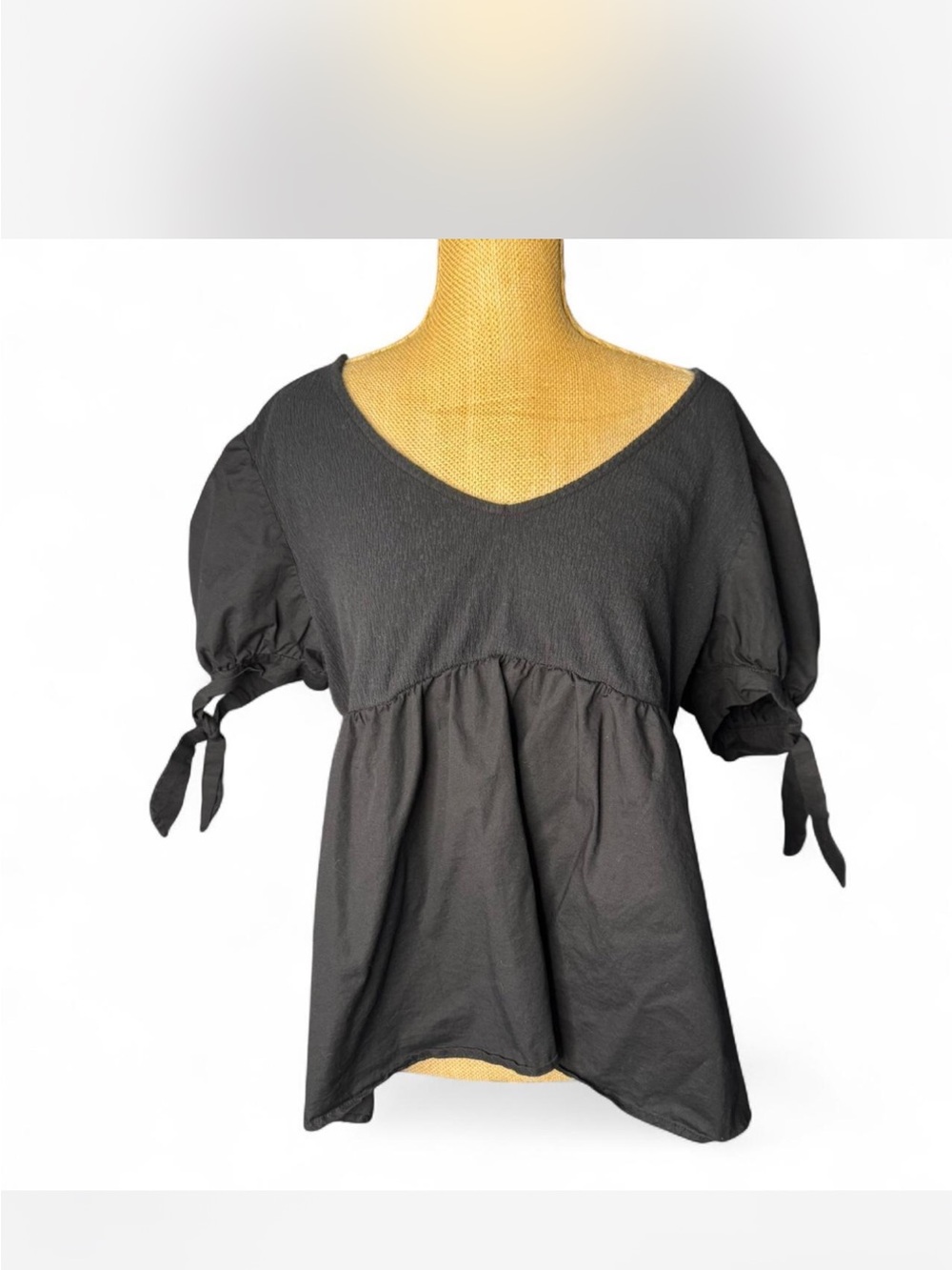 Lily White Black V-Neck Puff Sleeve Tie Cuff Top